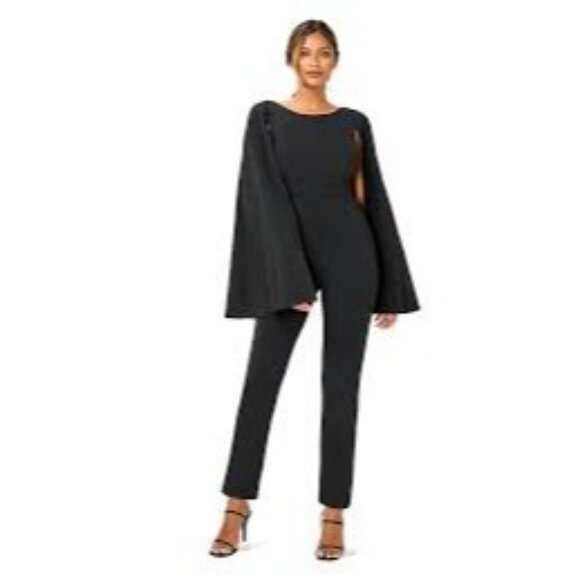 Adrianna Papell Black Knit Crepe Cape Jumpsuit Size 8 straight leg RV10312 NWT